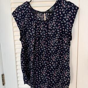 Alice blue navy blue butterfly cap sleeve blouse